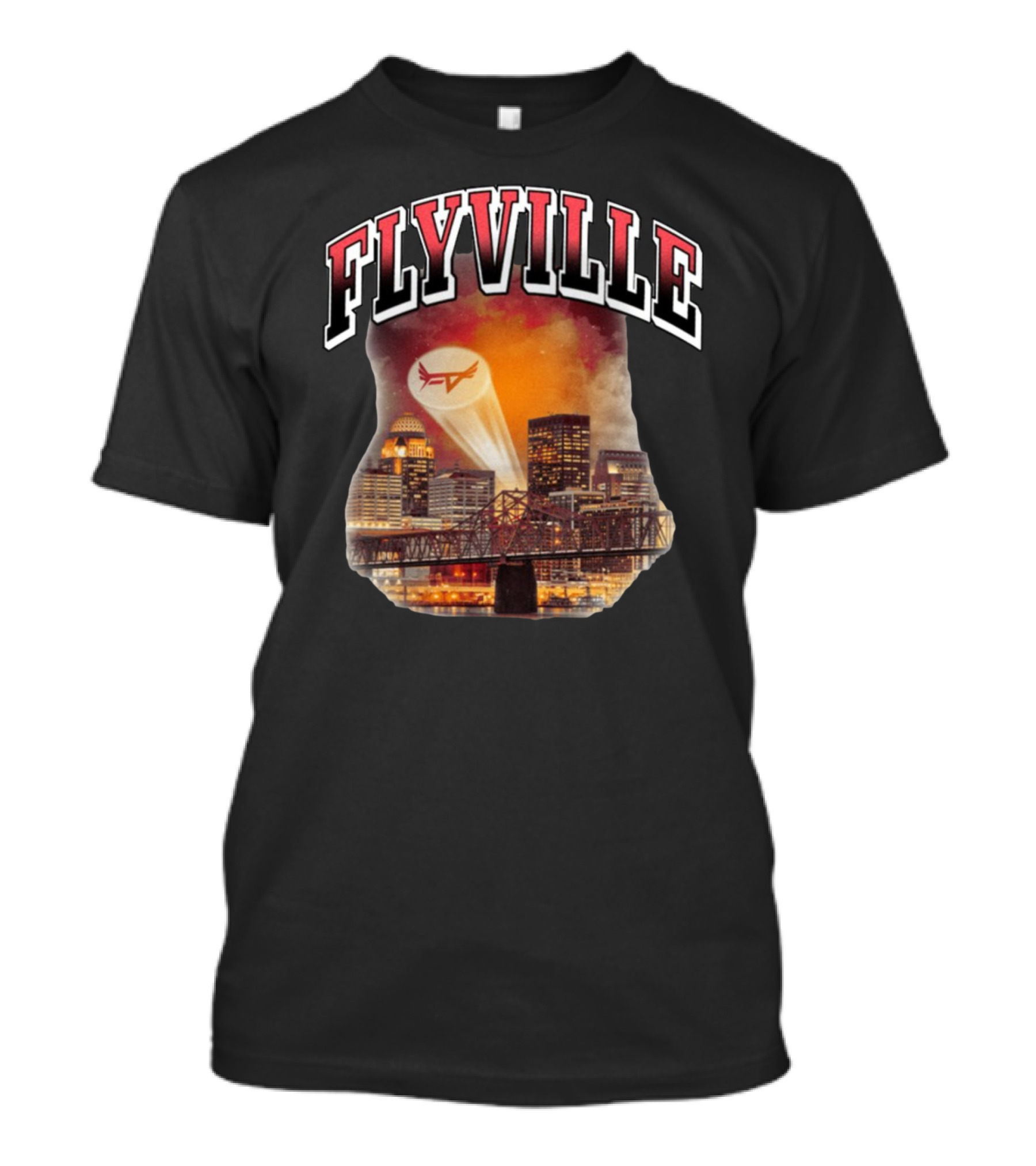 Flyville Skyline With Spotlight Logo Over City Bridge T-Shirt