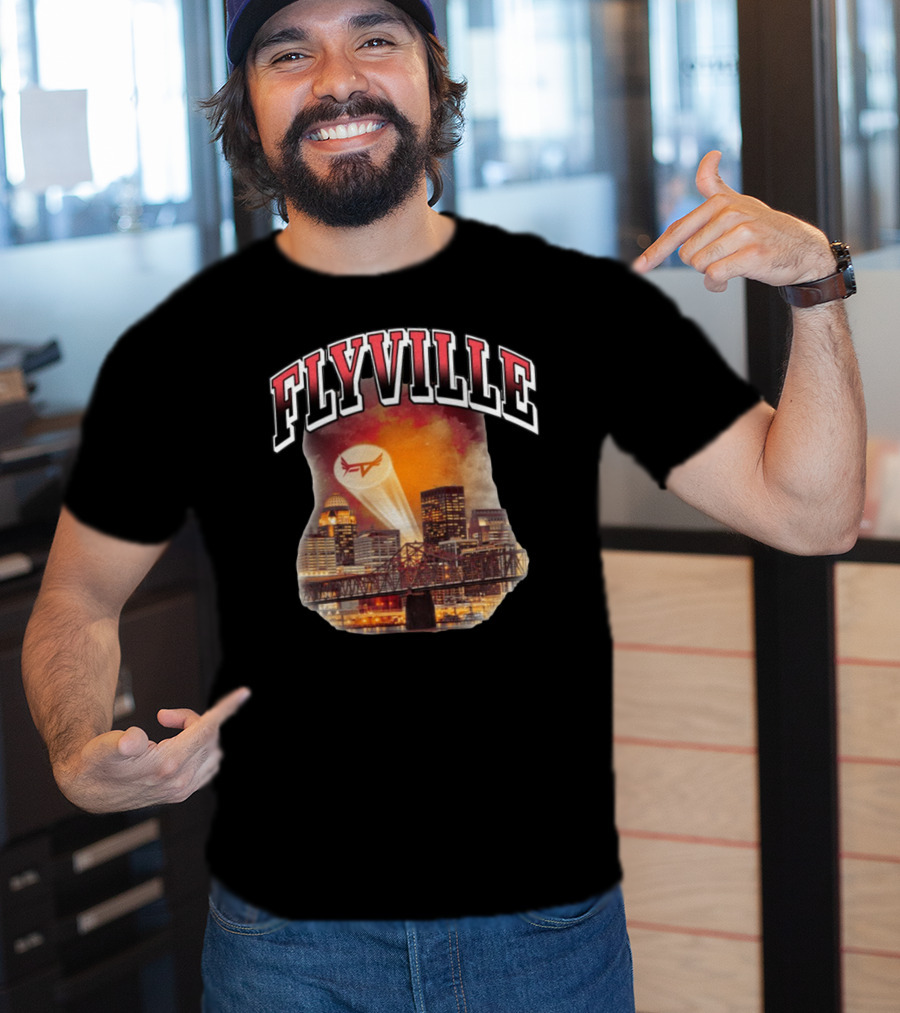 Flyville Skyline With Spotlight Logo Over City Bridge T-Shirt