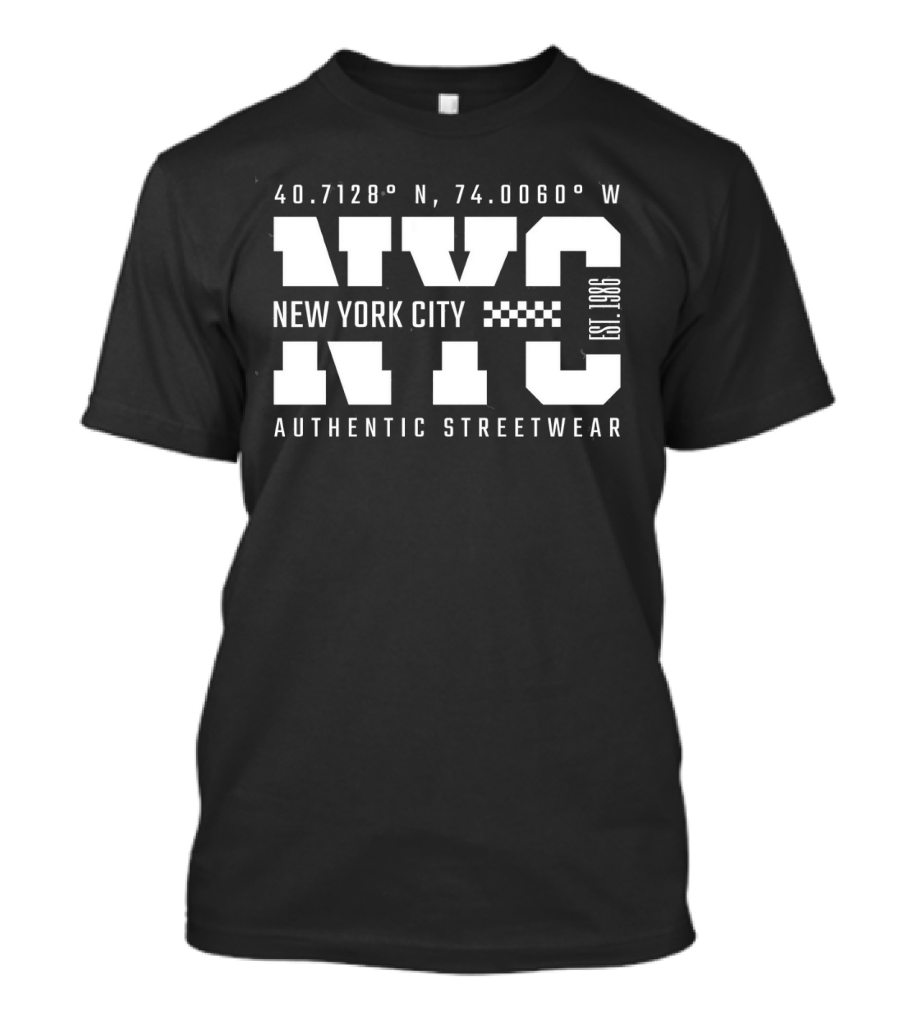 40.7128° N, 74.0060° W NYC New York City Established 1986 Authentic Streetwear T-Shirt