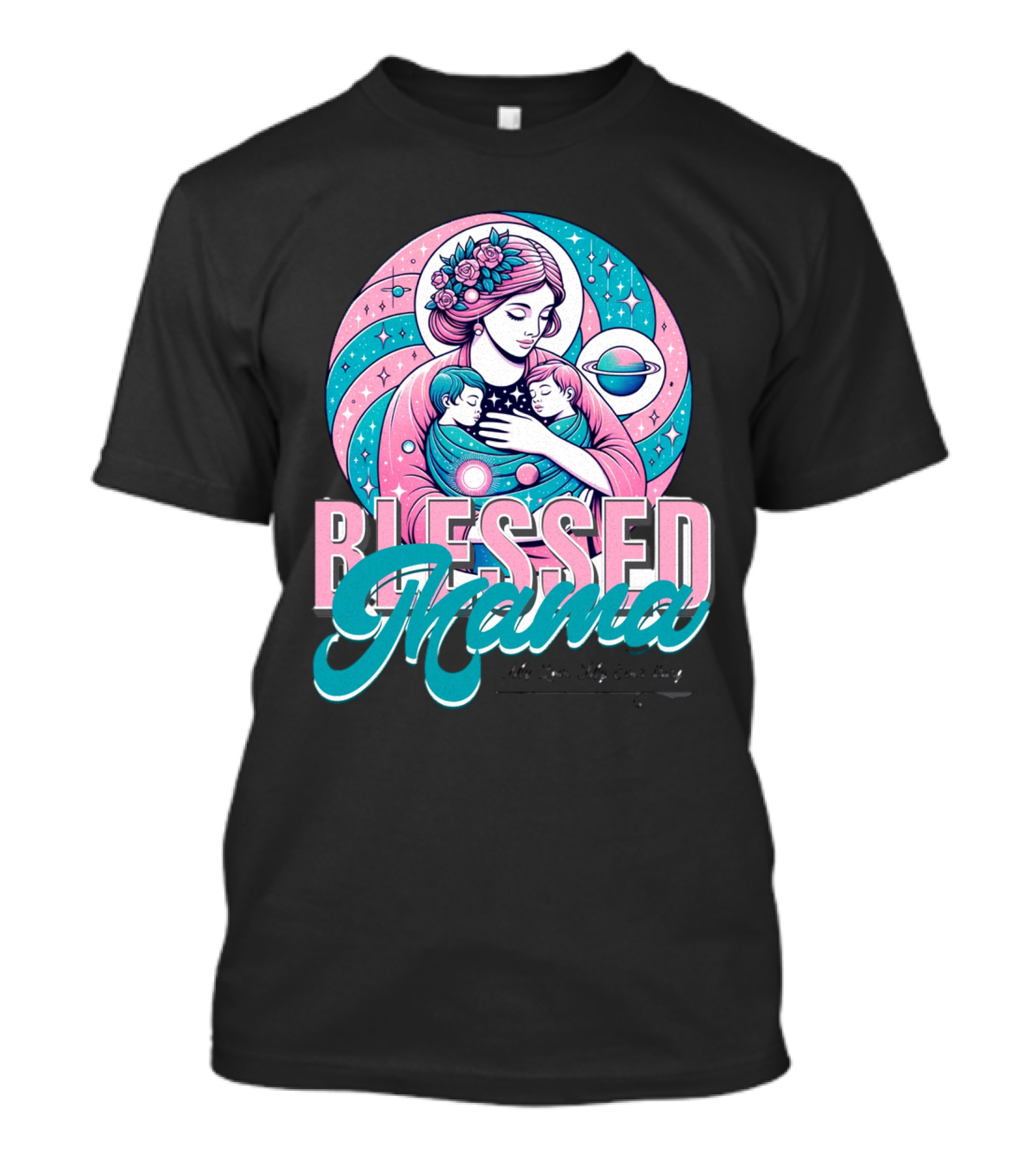 Blessed Mama Cosmic Mother With Children And Floral Halo T-Shirt