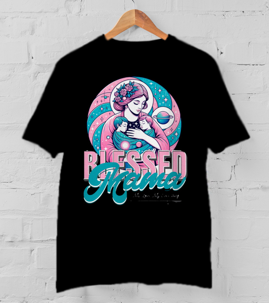 Blessed Mama Cosmic Mother With Children And Floral Halo T-Shirt