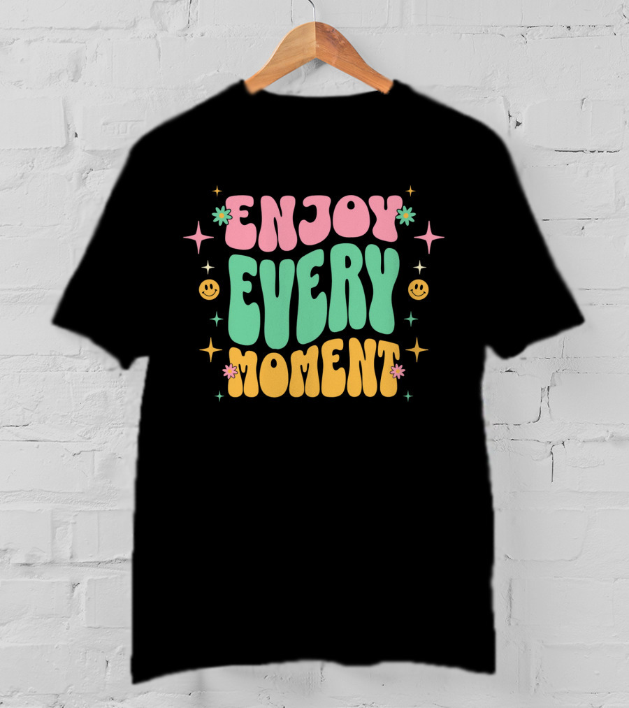 Enjoy Every Moment Retro Smiley Flowers And Stars T-Shirt