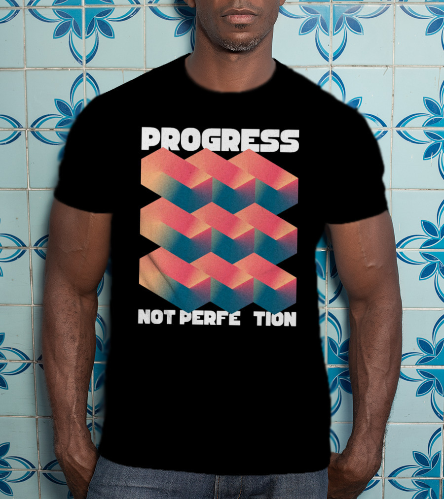 PROGRESS NOT PERFECTION Geometric Illusion 3D Blocks T-Shirt