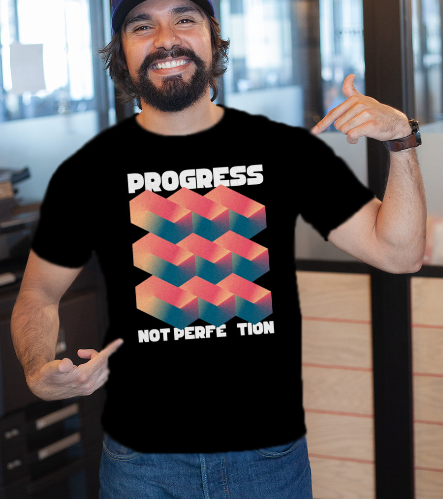 PROGRESS NOT PERFECTION Geometric Illusion 3D Blocks T-Shirt