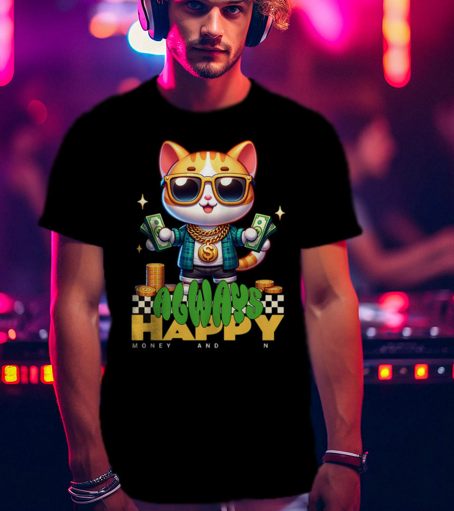 Always Happy Money And Fun Cool Cat With Sunglasses And Cash T-Shirt