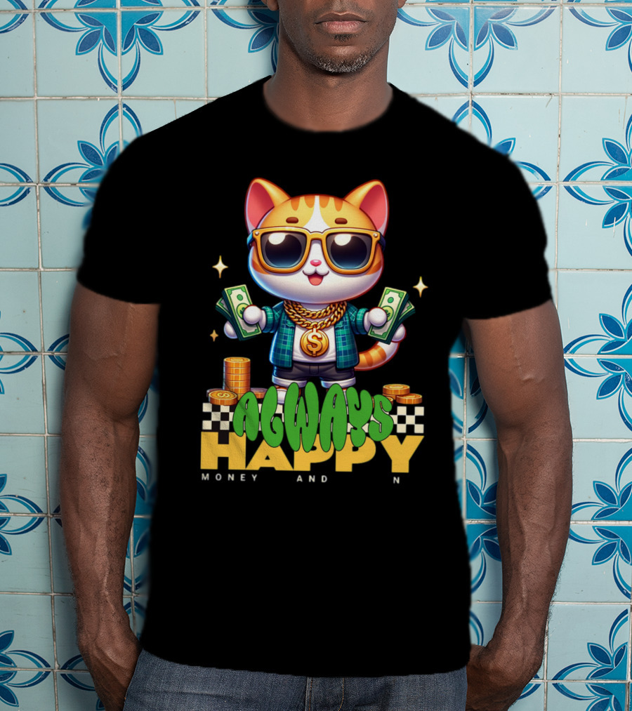 Always Happy Money And Fun Cool Cat With Sunglasses And Cash T-Shirt