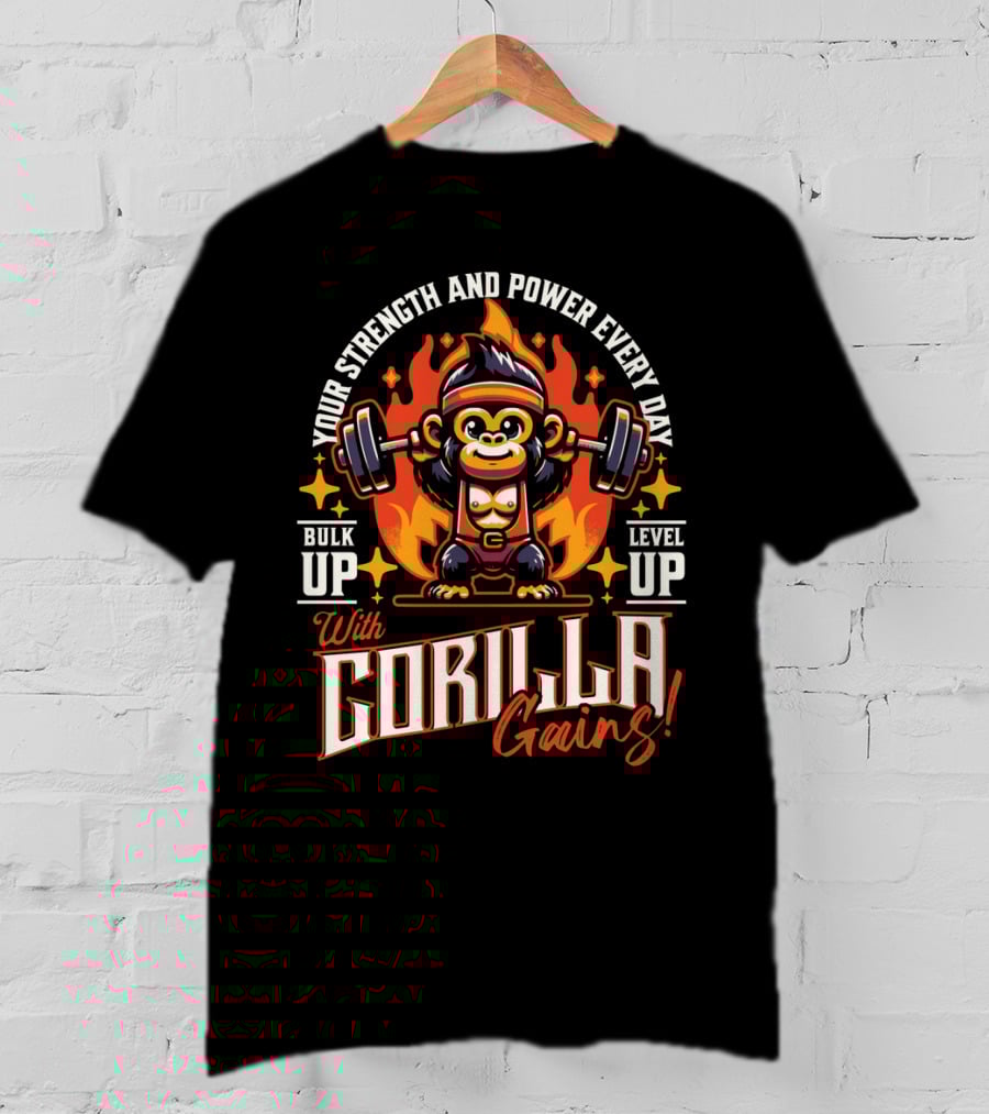 Your Strength And Power Every Day With Gorilla Gains Bulk Up Level Up T-Shirt