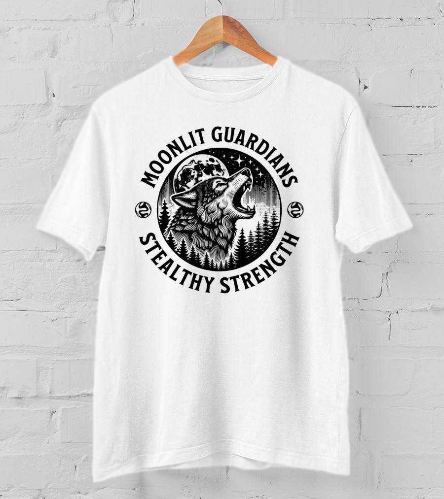 Moonlit Guardians Stealthy Strength Wolf Under Moon And Stars T-Shirt