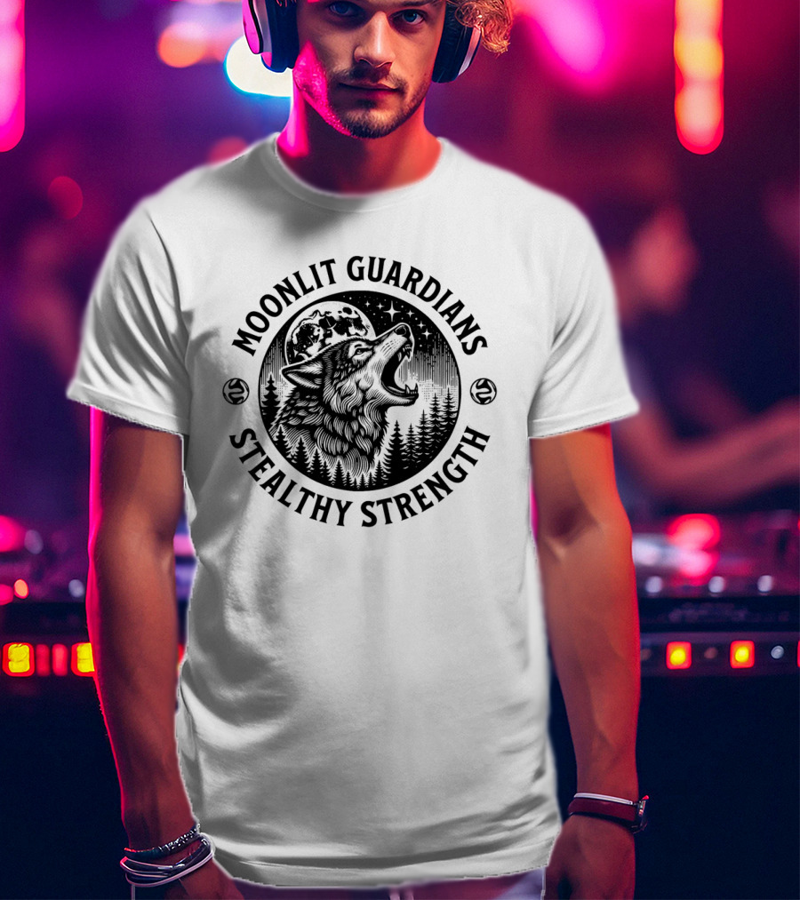 Moonlit Guardians Stealthy Strength Wolf Under Moon And Stars T-Shirt
