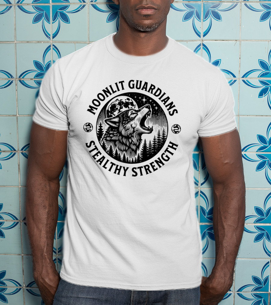 Moonlit Guardians Stealthy Strength Wolf Under Moon And Stars T-Shirt