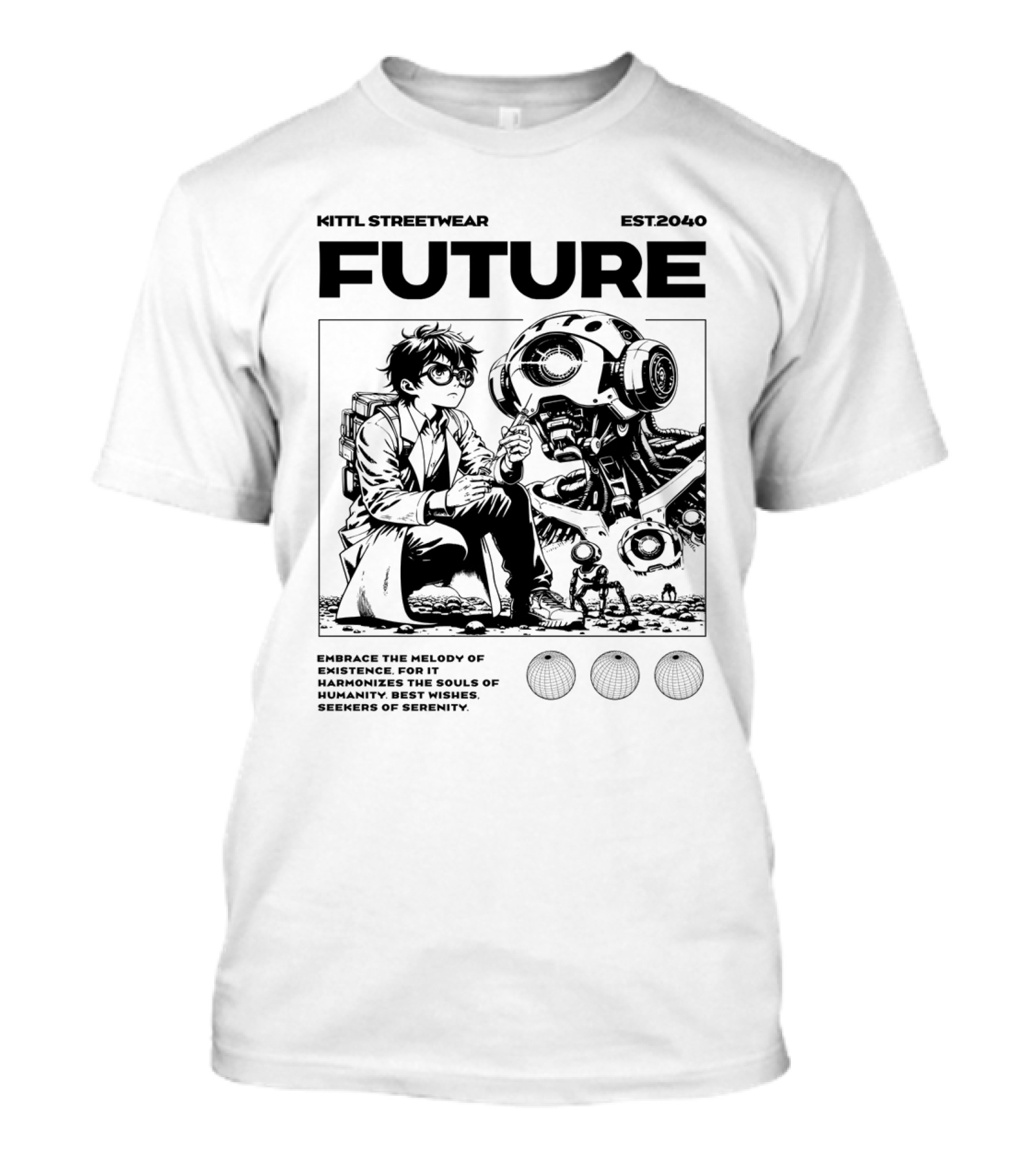 Kittl Streetwear Future EST2040 Melody Of Existence Humanity Serenity T-Shirt