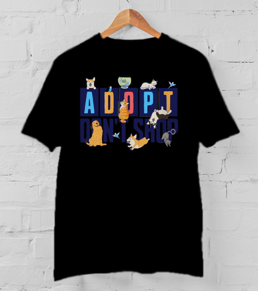 Adopt Don't Shop Cute Animal Design With Cats, Dogs, Fish, And Birds T-Shirt