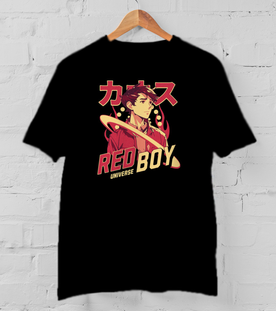 Red Boy Universe Anime Style Japanese Text Planet Ring T-Shirt