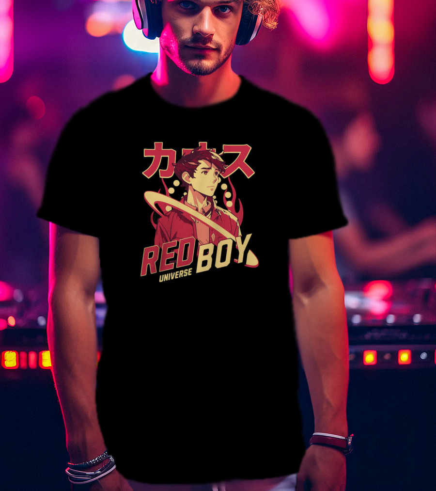 Red Boy Universe Anime Style Japanese Text Planet Ring T-Shirt