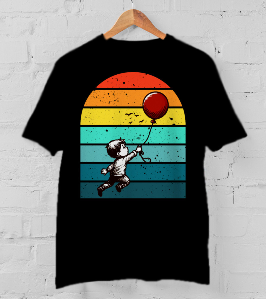 Boy Holding Red Balloon Retro Vintage Rainbow Stripes T-Shirt
