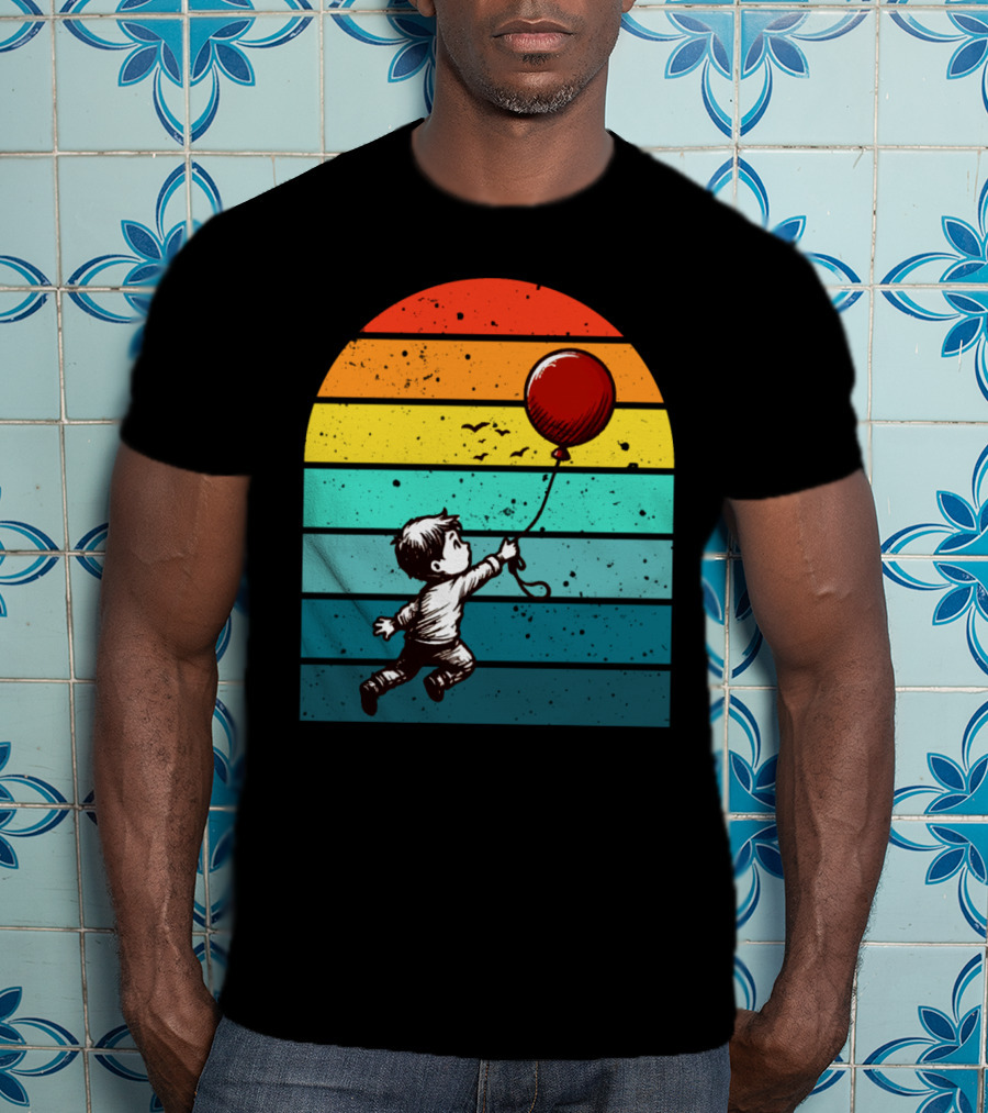 Boy Holding Red Balloon Retro Vintage Rainbow Stripes T-Shirt