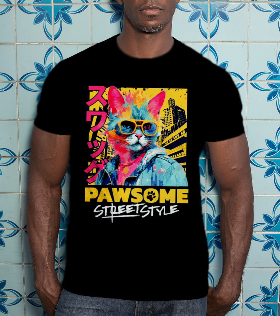 Pawsome Streetstyle Cat With Jacket And Sunglasses Urban Cityscape T-Shirt
