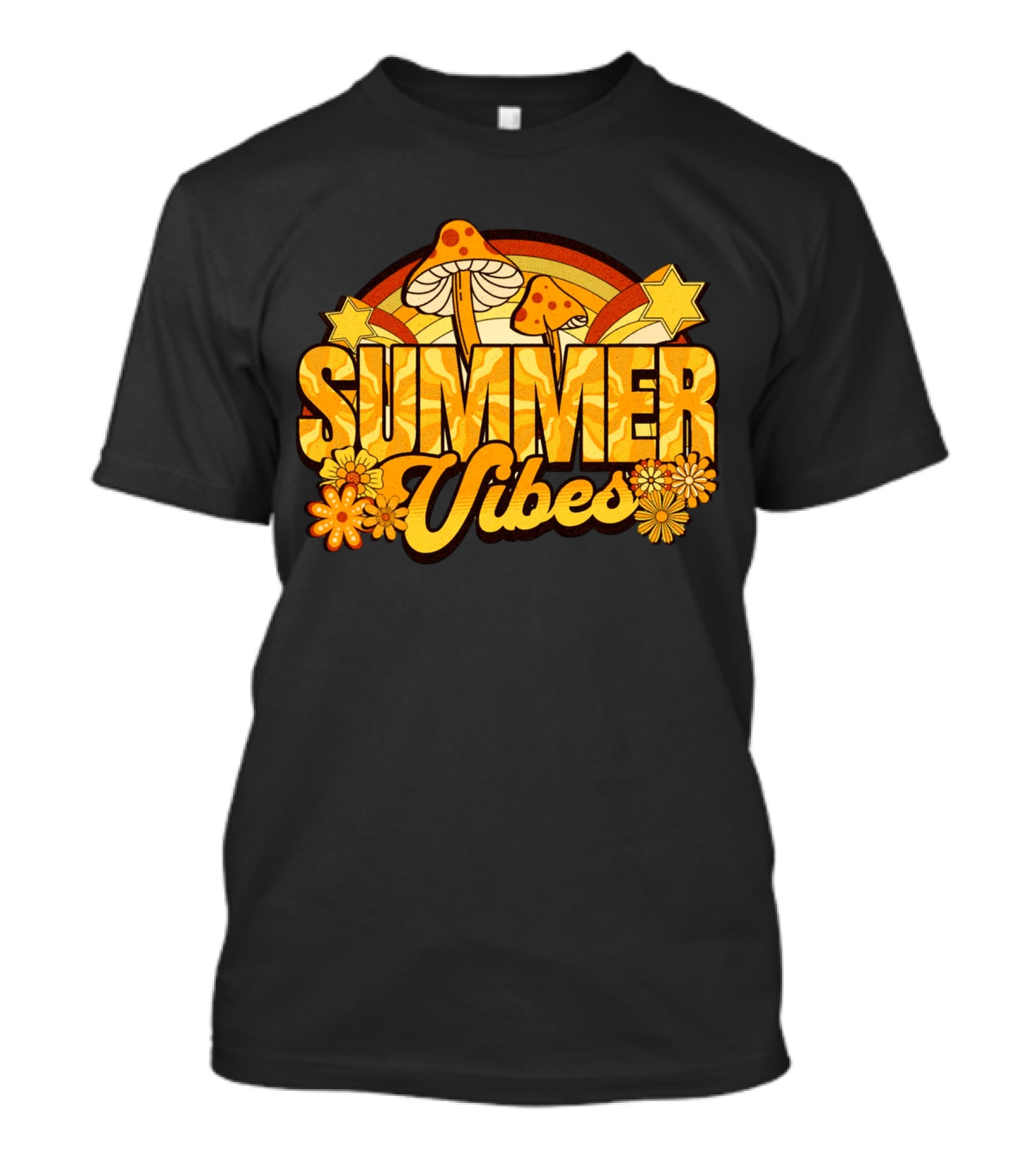 Summer Vibes Groovy Hippie Mushrooms And Flowers Retro Starburst T-Shirt