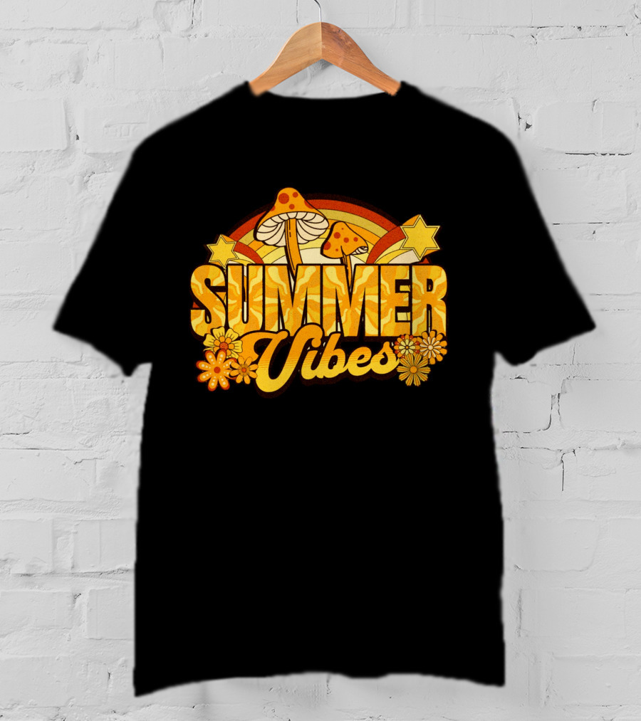 Summer Vibes Groovy Hippie Mushrooms And Flowers Retro Starburst T-Shirt