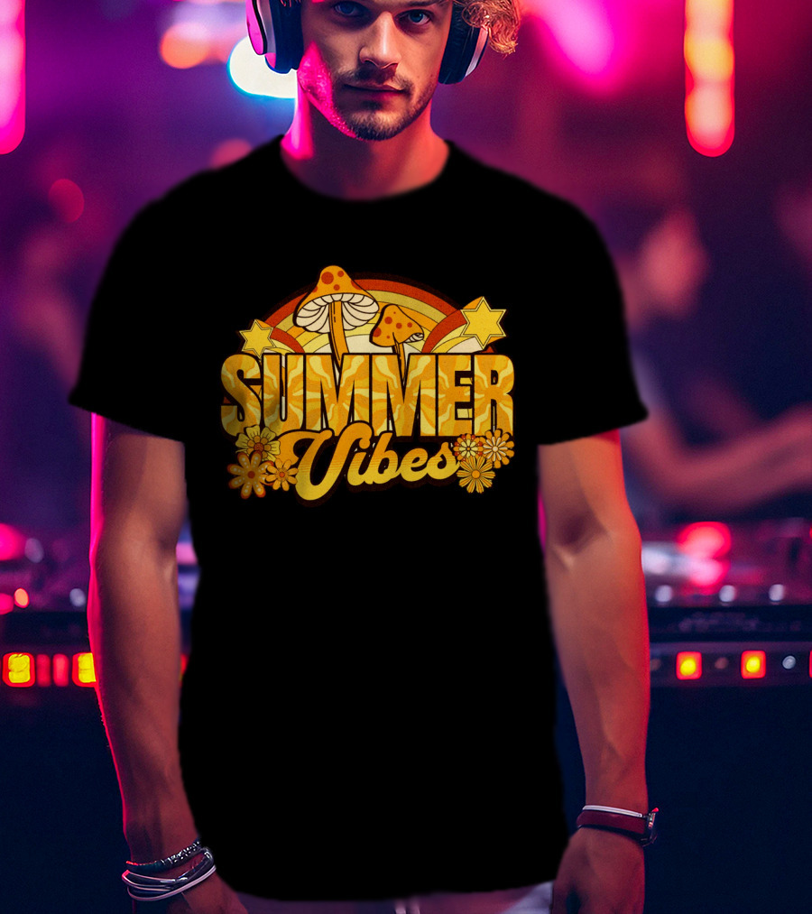 Summer Vibes Groovy Hippie Mushrooms And Flowers Retro Starburst T-Shirt