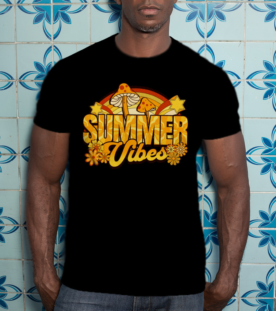 Summer Vibes Groovy Hippie Mushrooms And Flowers Retro Starburst T-Shirt