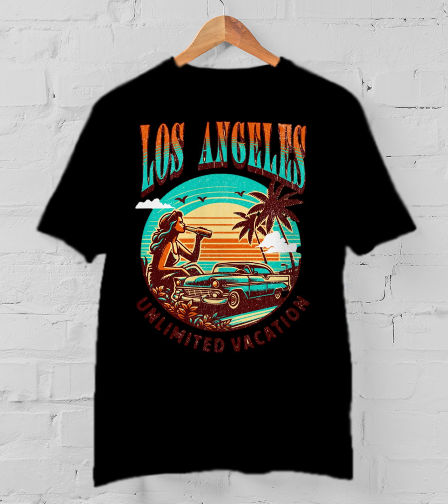 Los Angeles Unlimited Vacation Classic Car Palm Trees Sunset Vibes T-Shirt