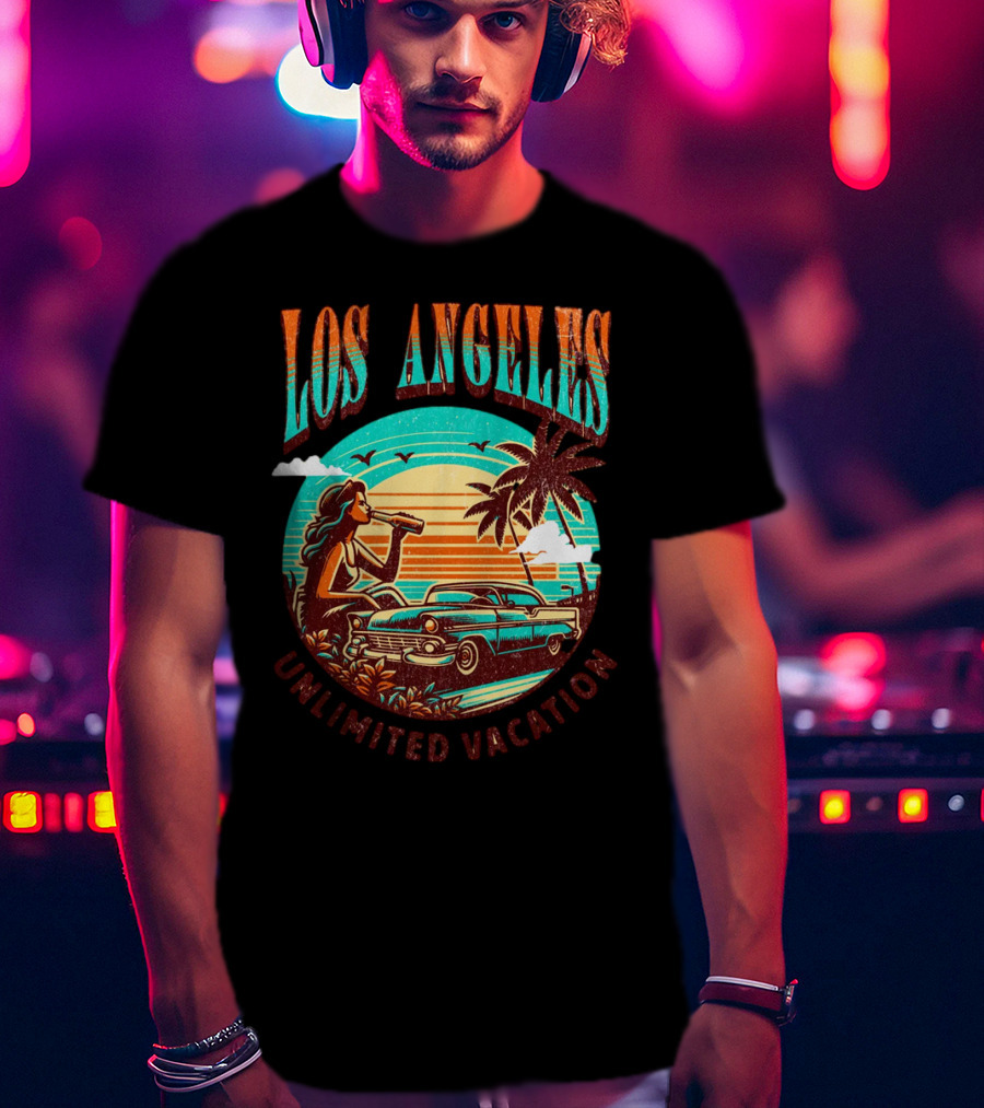 Los Angeles Unlimited Vacation Classic Car Palm Trees Sunset Vibes T-Shirt