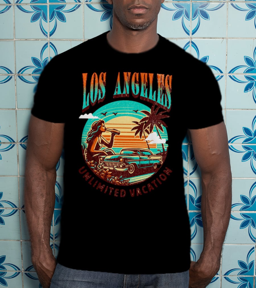 Los Angeles Unlimited Vacation Classic Car Palm Trees Sunset Vibes T-Shirt