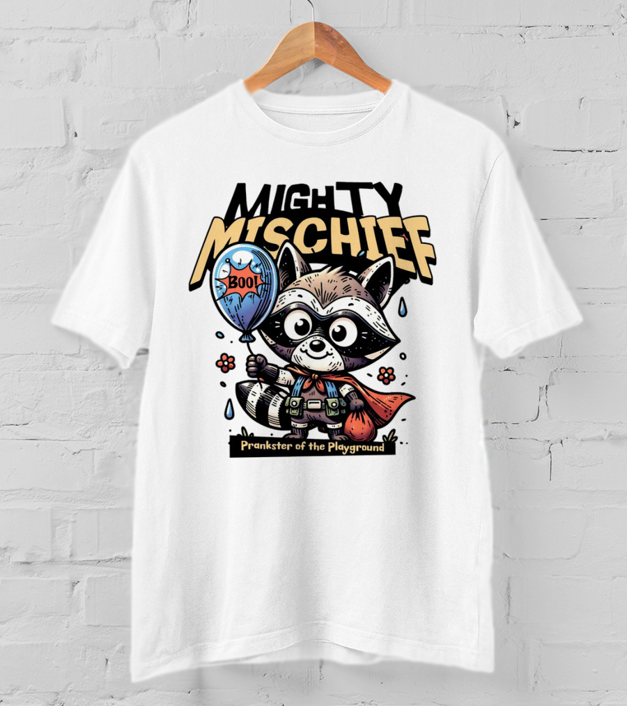 Mighty Mischief Raccoon With Boo Balloon Prankster Of The Playground T-Shirt