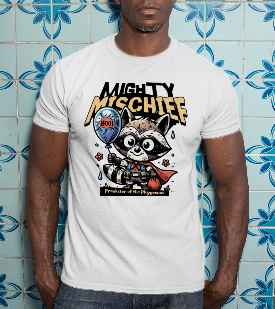 Mighty Mischief Raccoon With Boo Balloon Prankster Of The Playground T-Shirt
