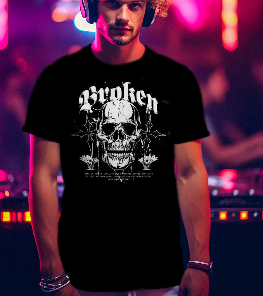 Broken Skull With Gothic Text And Crosses T-Shirt