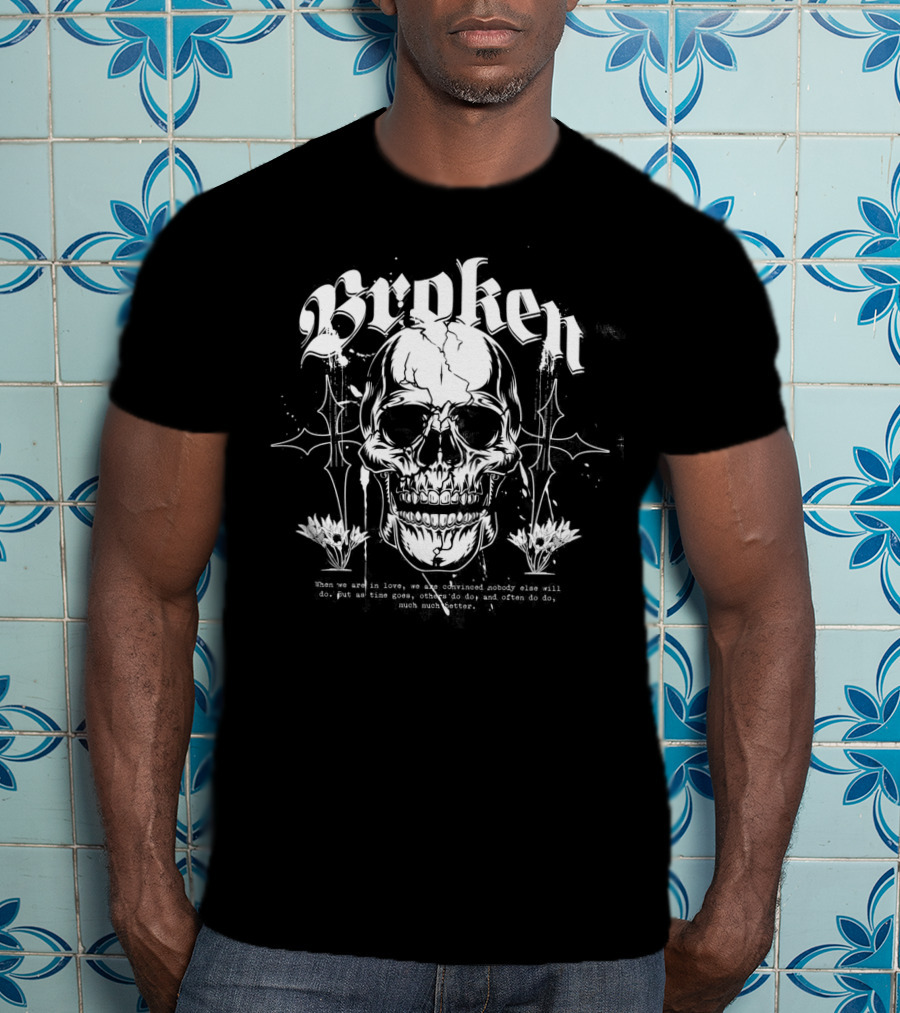 Broken Skull With Gothic Text And Crosses T-Shirt