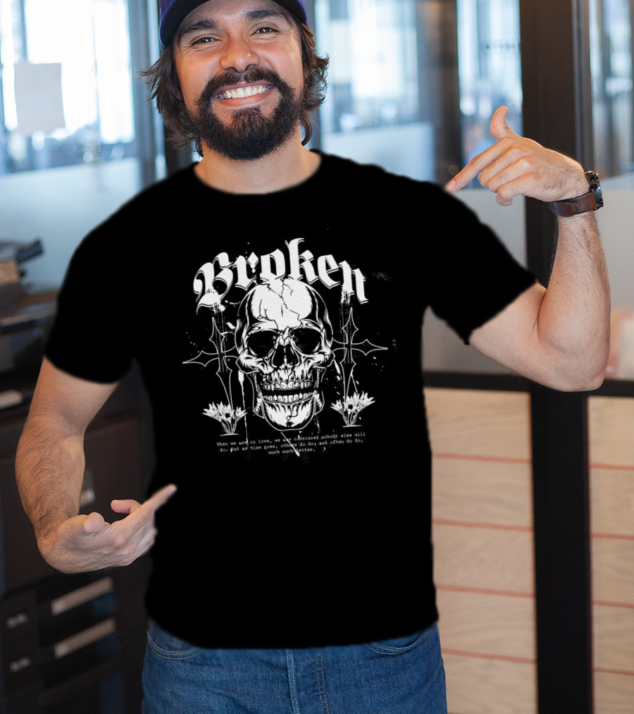 Broken Skull With Gothic Text And Crosses T-Shirt