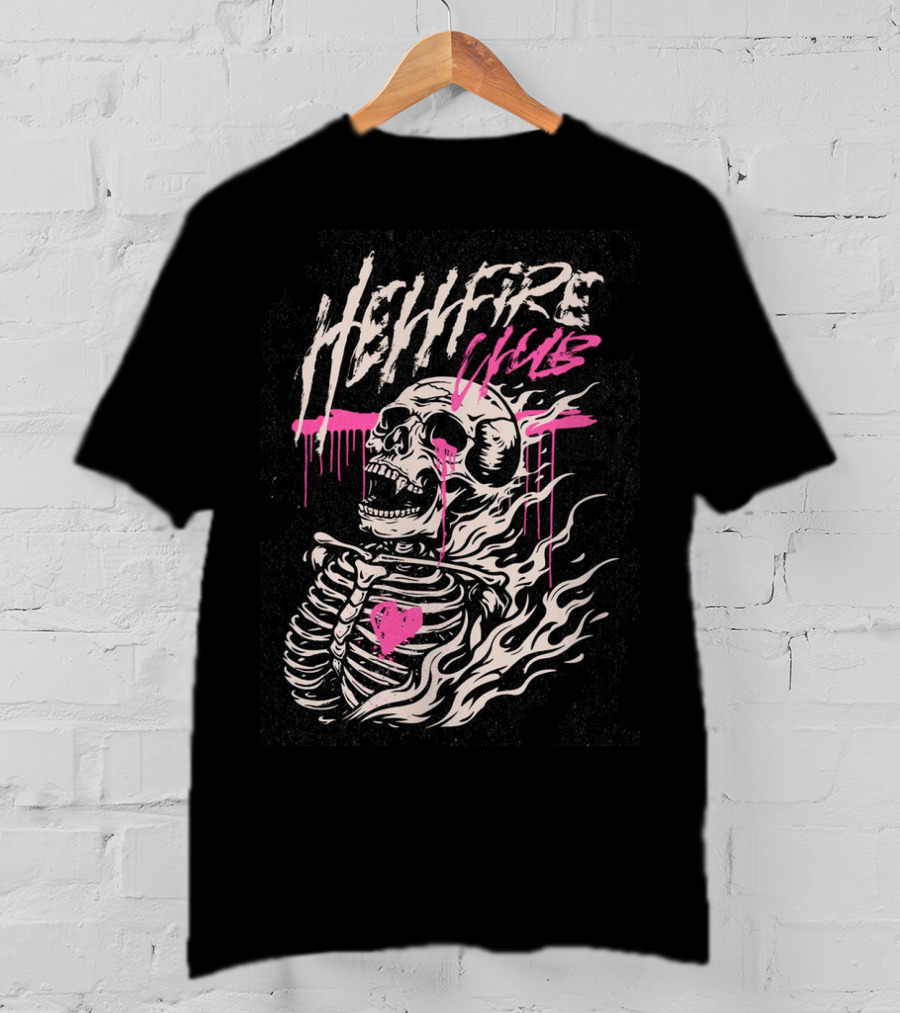 Hellfire Club Skeleton With Flames And Pink Heart Accents T-Shirt