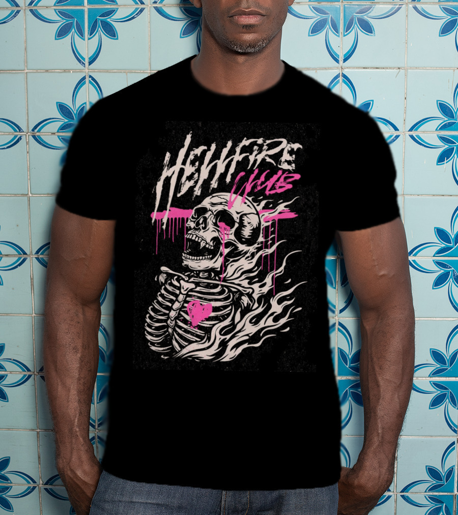 Hellfire Club Skeleton With Flames And Pink Heart Accents T-Shirt