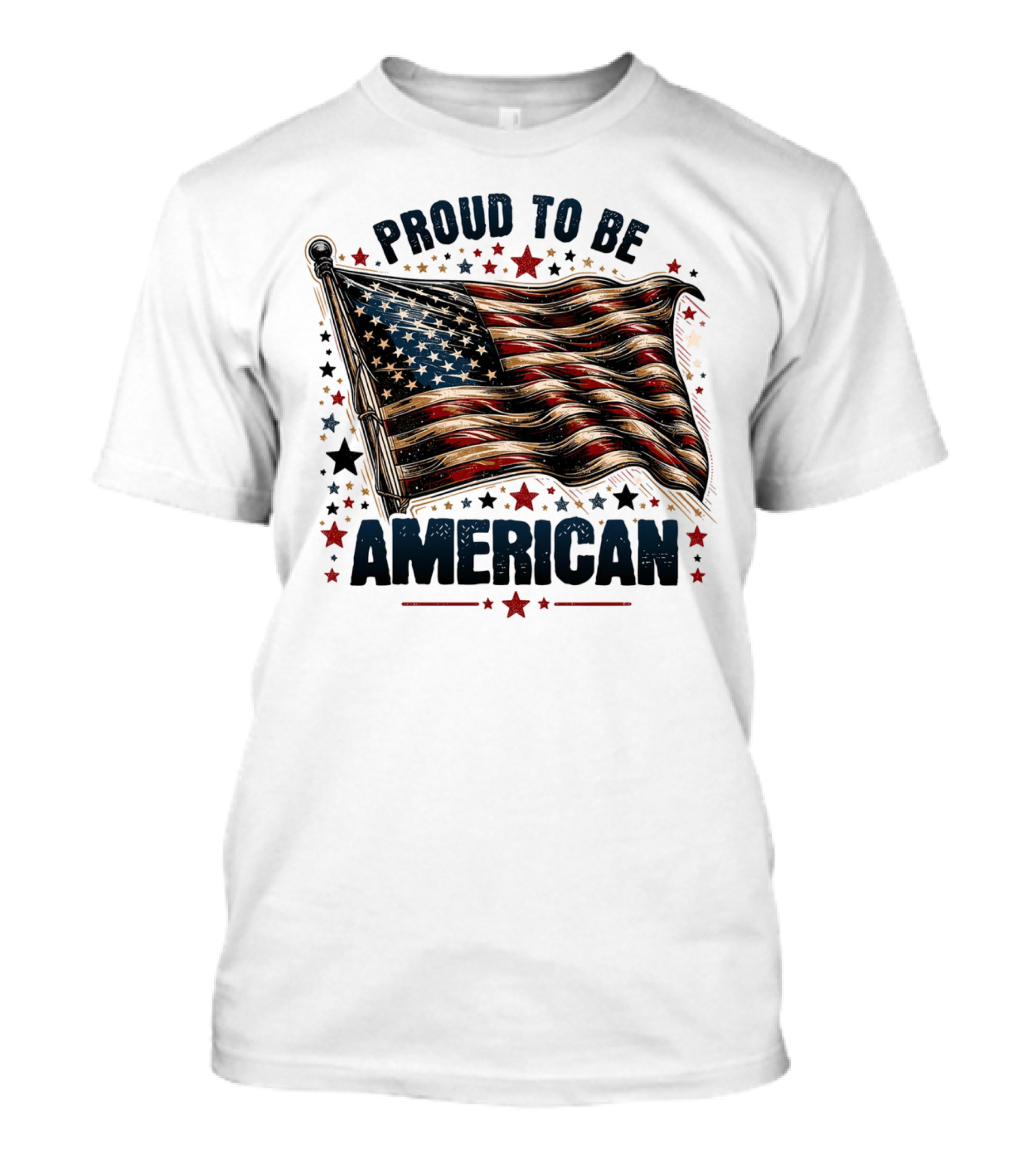 Proud To Be American Waving Stars And Stripes Surrounded By Red And Black Stars T-Shirt