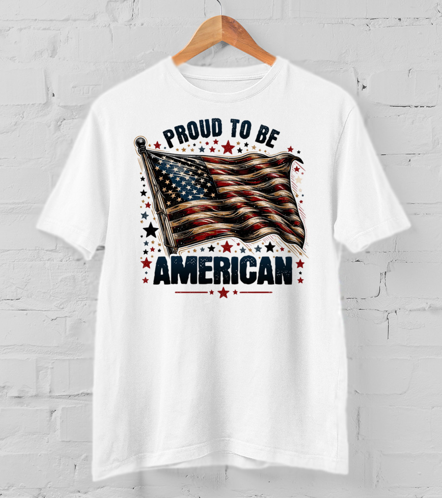 Proud To Be American Waving Stars And Stripes Surrounded By Red And Black Stars T-Shirt