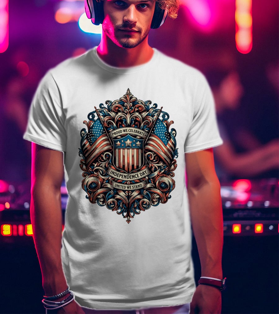 Proud We Celebrate Independence Day United We Stand American Flag Shield Ornamental T-Shirt