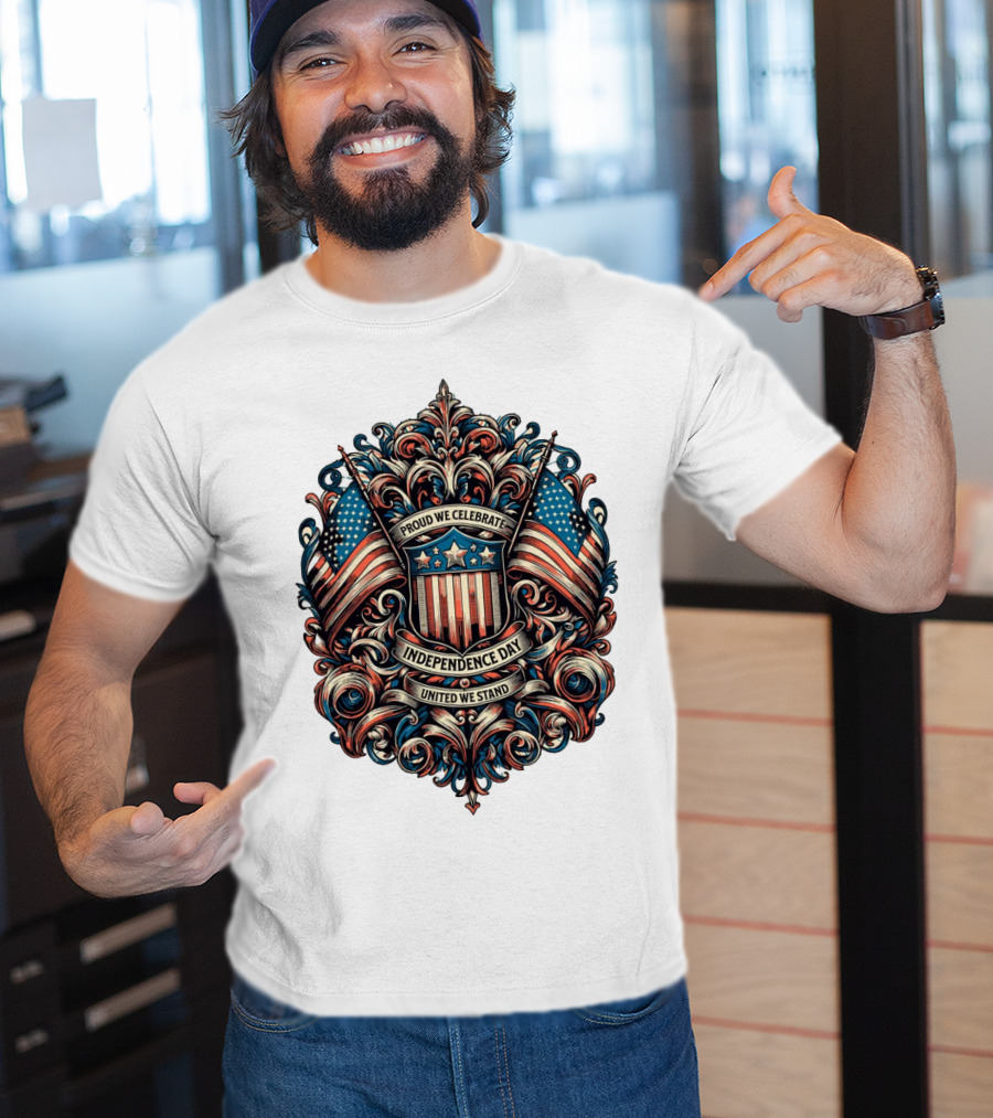 Proud We Celebrate Independence Day United We Stand American Flag Shield Ornamental T-Shirt