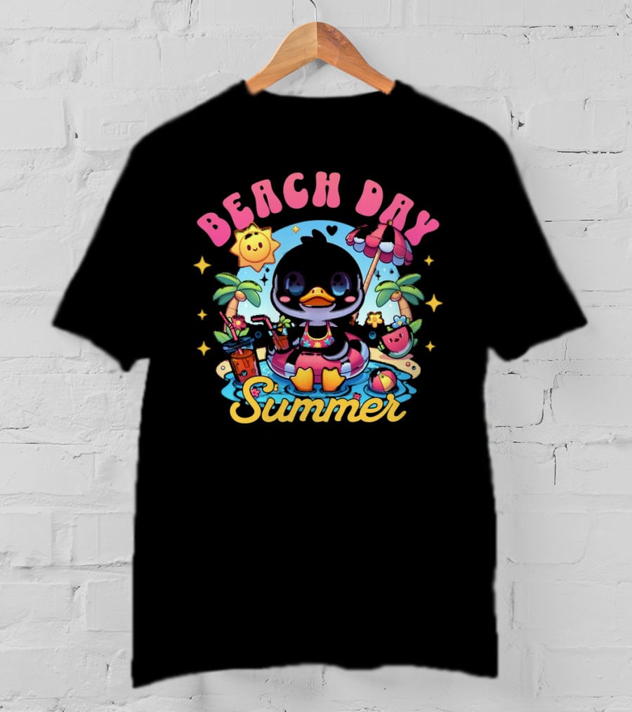 Beach Day Summer Happy Times Good Sunshine Duck In Pool With Palm Trees And Watermelon T-Shirt