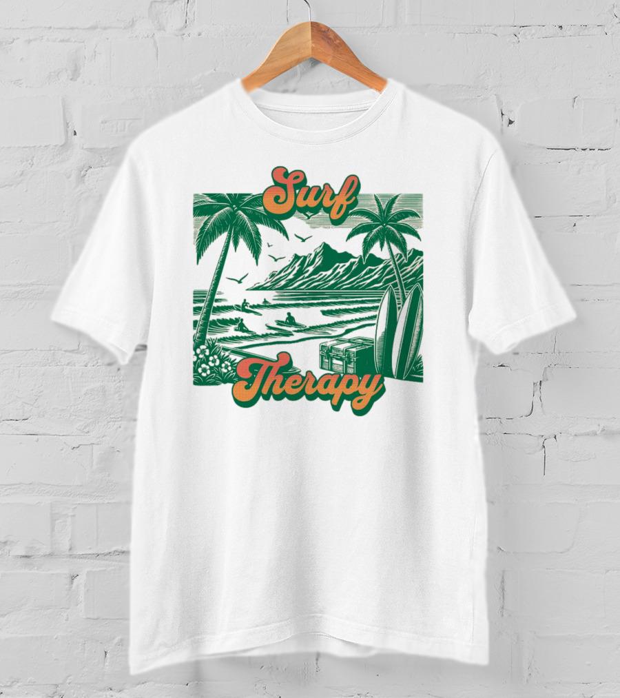 Surf Therapy Tropical Beach Scene With Palm Trees And Surfboards T-Shirt