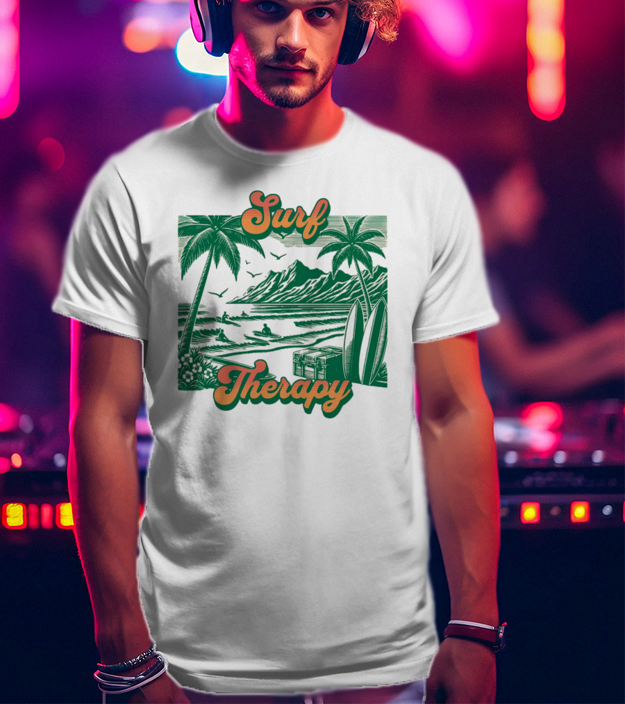 Surf Therapy Tropical Beach Scene With Palm Trees And Surfboards T-Shirt