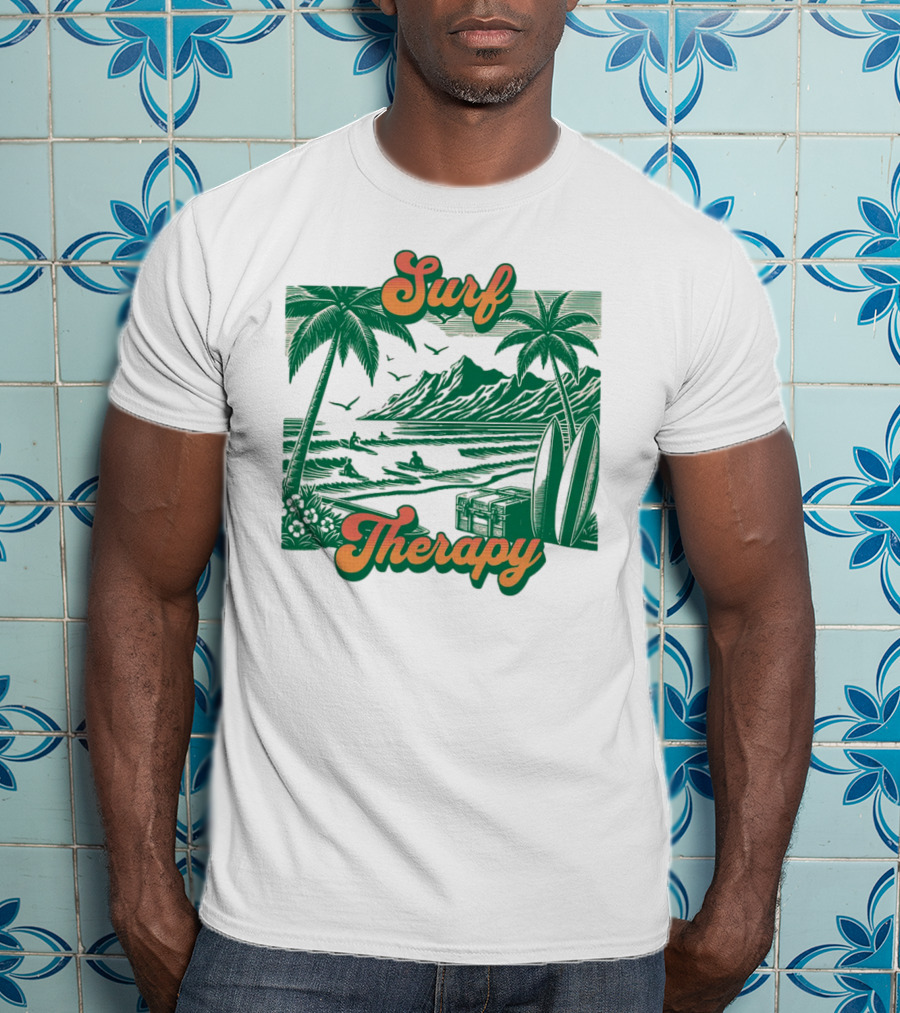 Surf Therapy Tropical Beach Scene With Palm Trees And Surfboards T-Shirt