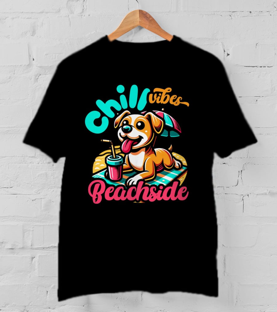 Chill Vibes Beachside Relaxing Dog With Umbrella And Drink T-Shirt