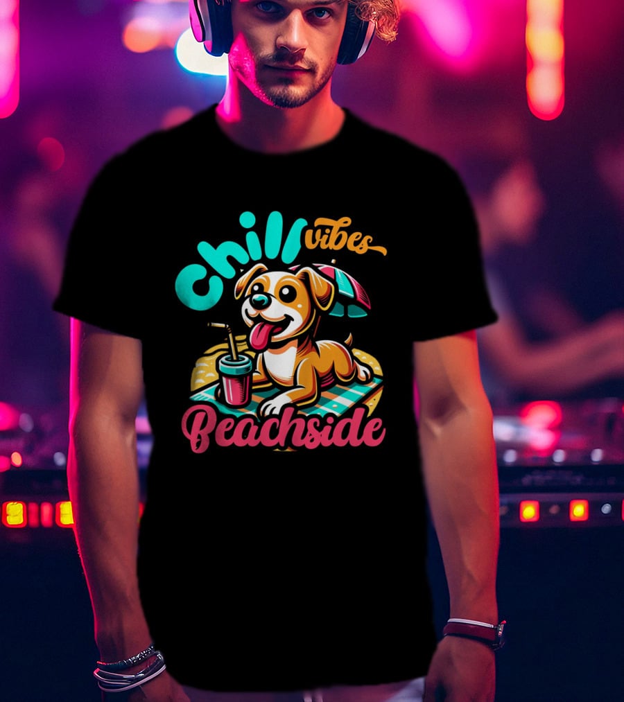 Chill Vibes Beachside Relaxing Dog With Umbrella And Drink T-Shirt