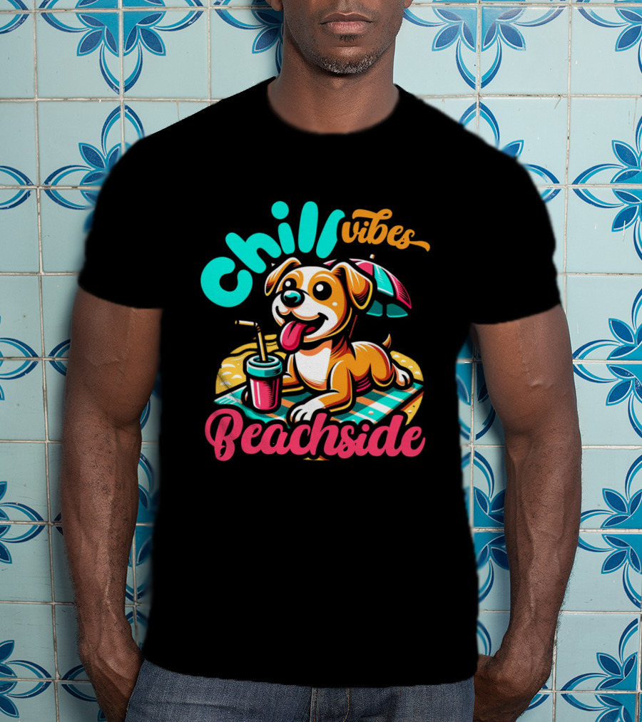 Chill Vibes Beachside Relaxing Dog With Umbrella And Drink T-Shirt
