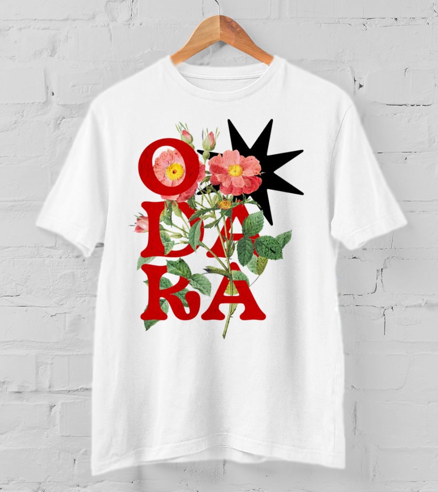 ODARA Bold Floral Art With Red Letters And Pink Flowers T-Shirt