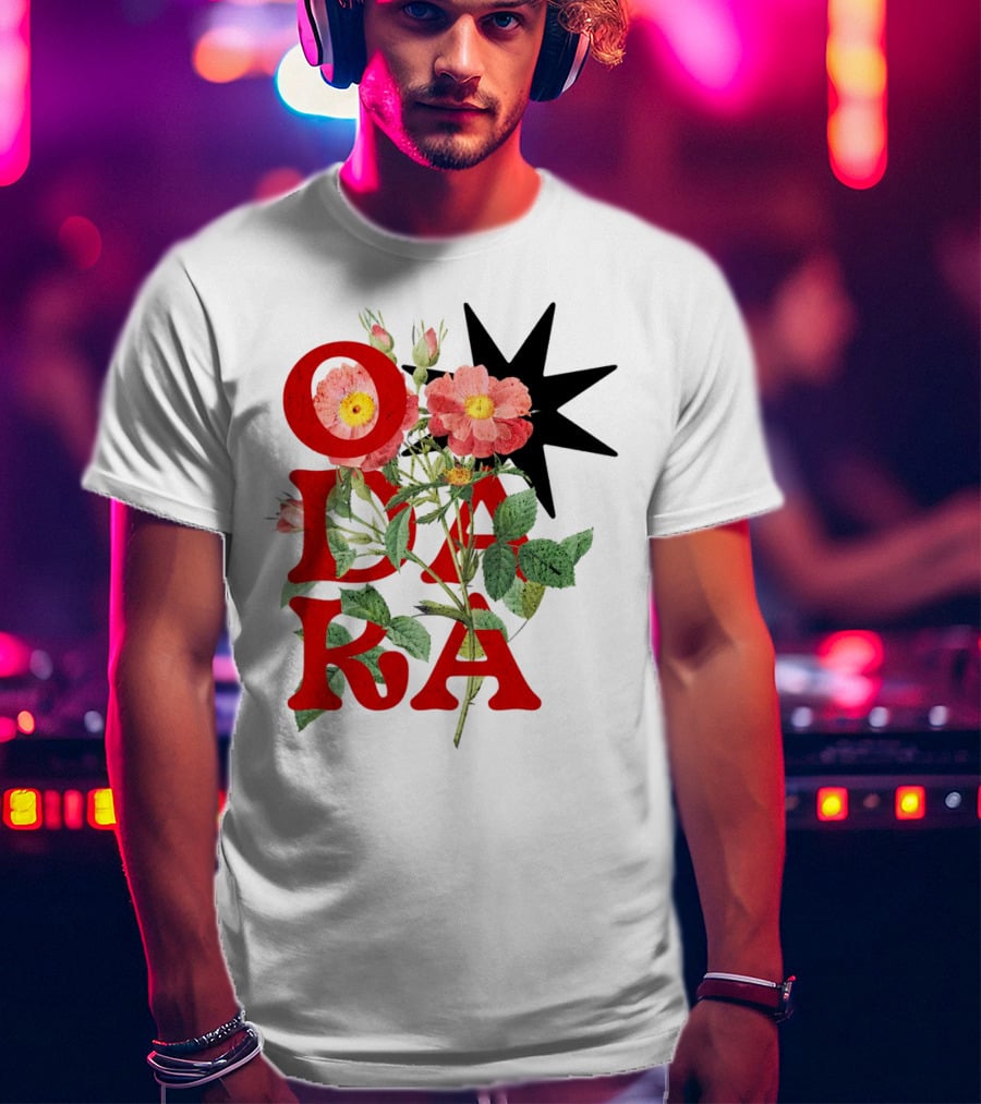 ODARA Bold Floral Art With Red Letters And Pink Flowers T-Shirt