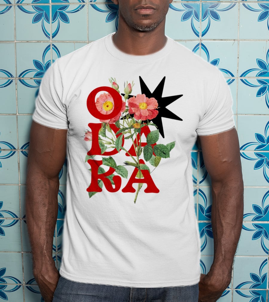 ODARA Bold Floral Art With Red Letters And Pink Flowers T-Shirt