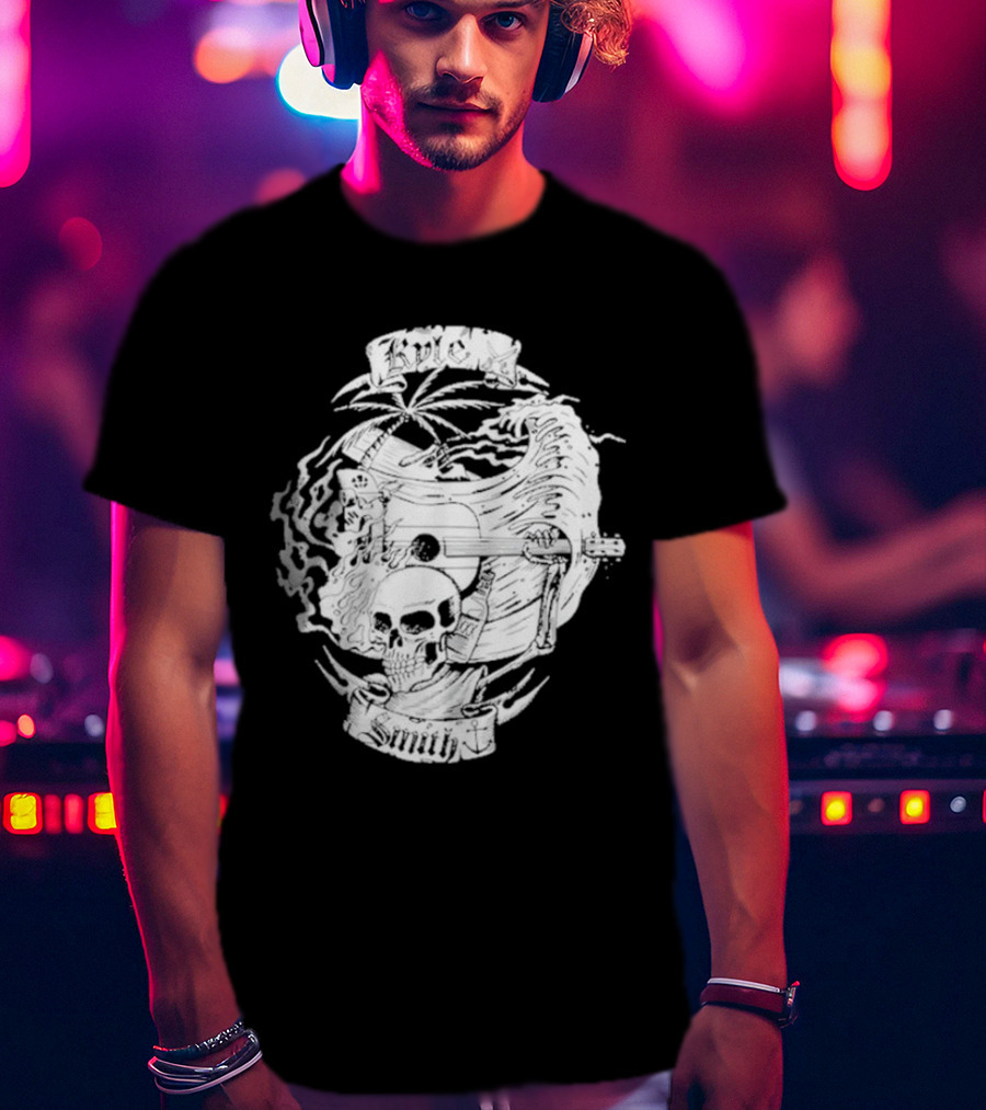 Kyle Smith Skull With Palm And Guitar Waves T-Shirt